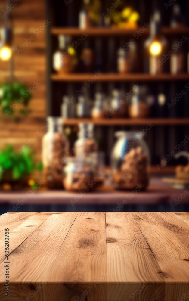 Wooden table in the kitchen with a blurred background. Generative AI