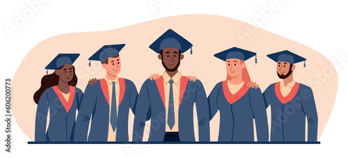Group of students. Men and women stand in graduate hats and hold on to their shoulders, young professionals. Education and training. High school graduation concept. Cartoon flat vector illustration