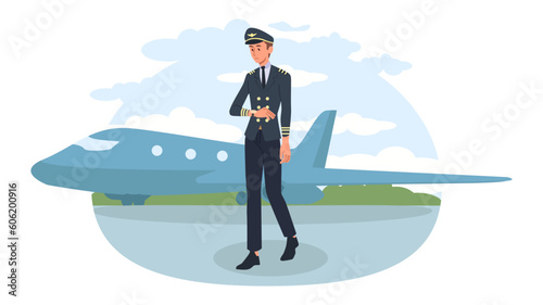 Airplane pilot concept. Man in uniform stands in front of airplane. Pilot preparing for flight, crew. Travel and tourism. Airport industry, transportation. Cartoon flat vector illustration
