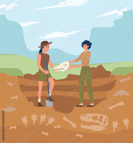 Team of archaeologists. Women dig up fossils from underground. Paleontologists with dinosaur bones. History and archeology. Scientific research concept. Cartoon flat vector illustration