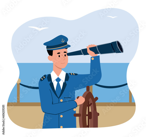 Captain at boat. Man in uniform with binoculars stands at helm. Metaphor of leadership and motivation, vision of future. Talented and successful businessman. Cartoon flat vector illustration