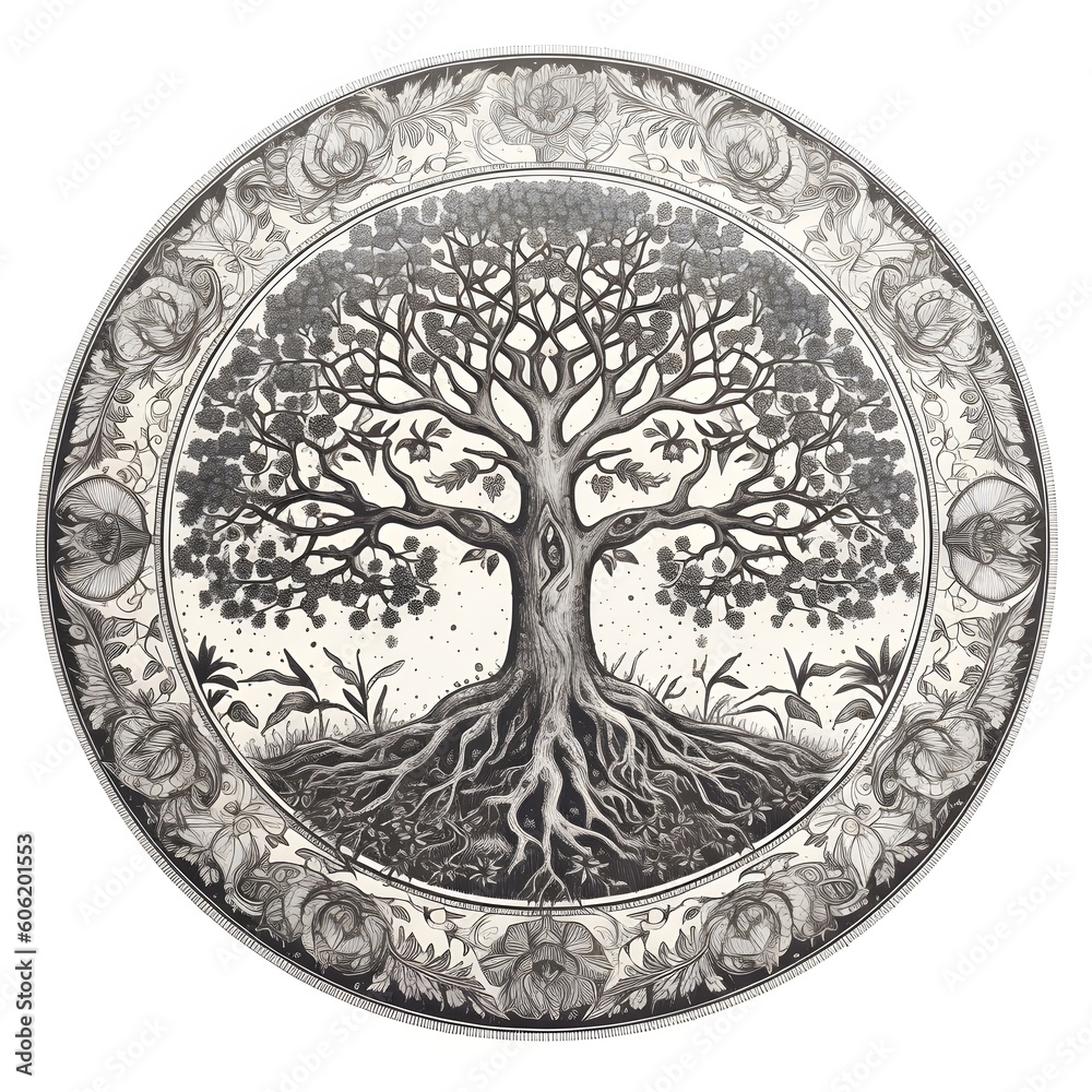 Fototapeta premium ornament of eternal grey tree with circle icon style