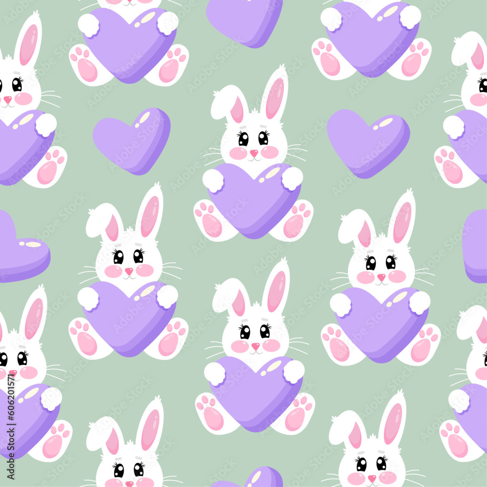 Seamless pattern witn happy cute funny kawaii little bunny with purple heart on green background