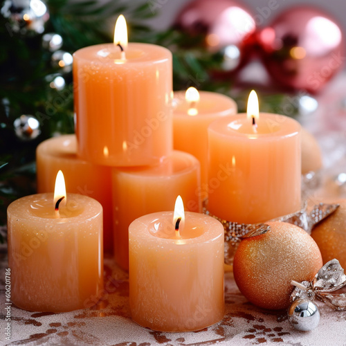 New Year s decor with candles and Christmas decorations in apricot crush color. Jewelry in delicate shades for the holiday. Generative AI 