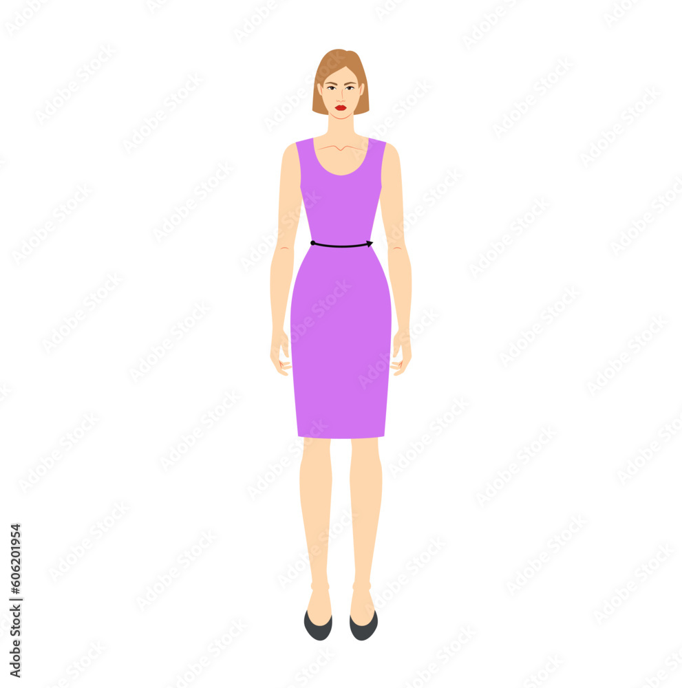 Women to do waist measurement body with arrows fashion Illustration for size chart. Flat female character front 8 head size girl in violet dress. Human lady infographic template for clothes Women to do waist measurement body with arrows fashion Illustration for size chart. Flat female character front 8 head size girl in violet dress. Human lady infographic template for clothes