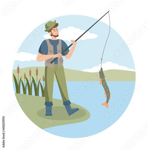 Fisherman with fish. Man in uniform with fishing rod stands on shore of lake or river. Active lifestyle and recreation. Vacation and holiday, outdoor leisure. Cartoon flat vector illustration