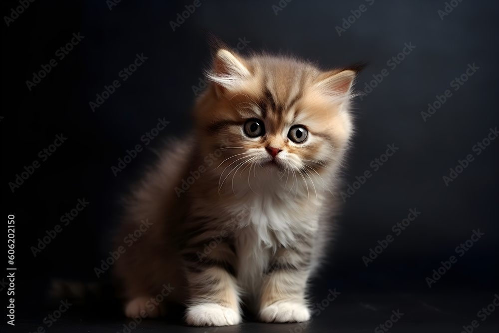 Cute tabby kitten portrait isolated black background studio shot, Generative AI