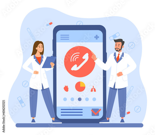 Online doctor concept. Man and woman in medical gowns near smartphone, telemedicine. Consultants and assistants answer patients questions, choose treatment method. Cartoon flat vector illustration