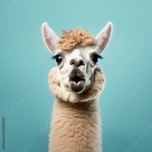 Portrait of a alpaca with a surprised expression wide open eyes and mouth looking ahead on isolated solid background generative ai