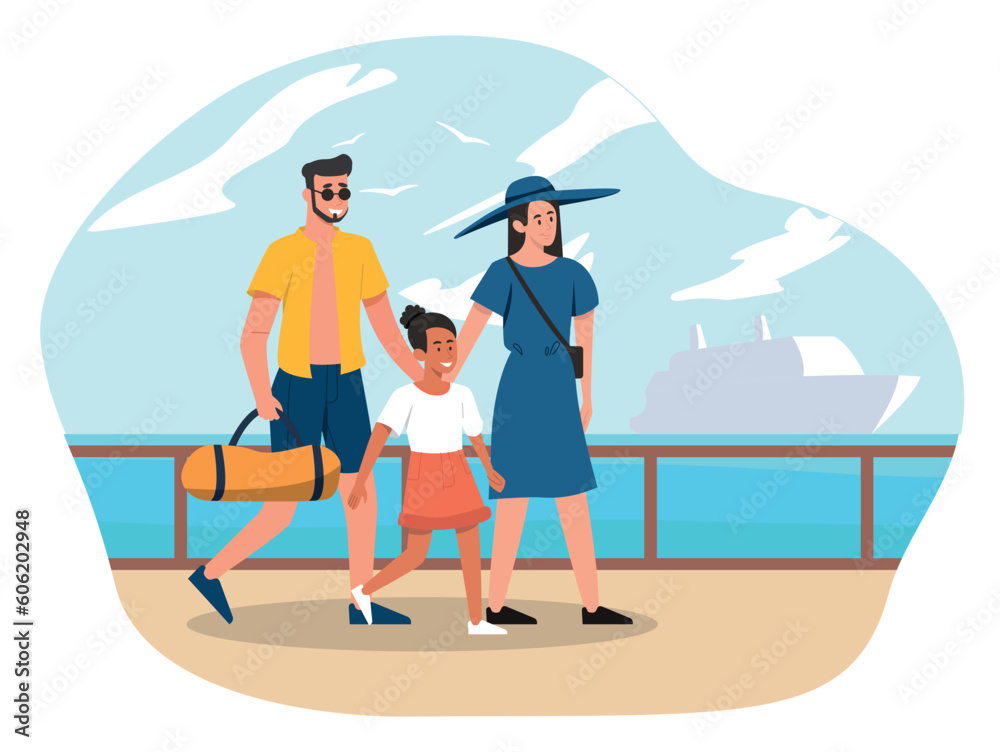 Sea cruise concept. Man and woman with child walk along embankment. Tourists have rest in tropical country. Parents with daughter on vacation or holiday. Cartoon flat vector illustration