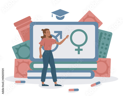 Sexual education concept. Woman on background of books with gender signs. Contraceptives and condoms with birth control. Human sexuality, reproduction system. Cartoon flat vector illustration