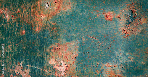 rusting old metal plate painted with green paint