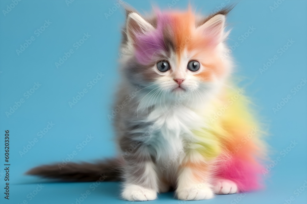 Cute kitten with colourful fur portrait studio shot