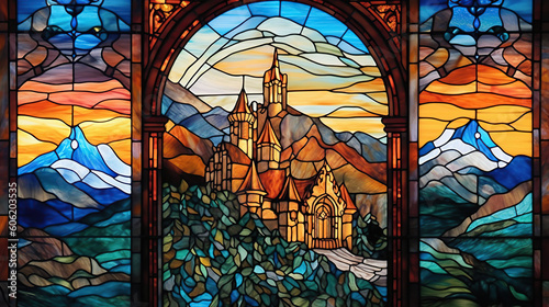 a beautiful stained glass window of a mountain castle. Vibrant colors. Modern design. AI generated image.