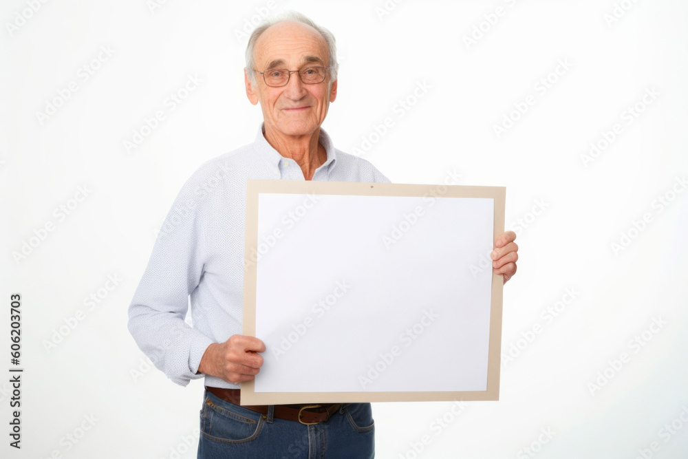 Senior man holding a blank board isolated on white background. Copy space. Senior man holding a blank board isolated on white background. Copy space.