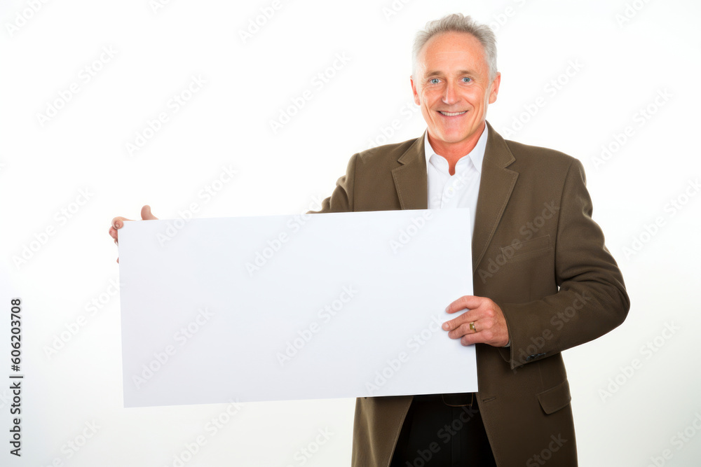 Smiling senior man holding blank sheet of paper isolated on white background Smiling senior man holding blank sheet of paper isolated on white background