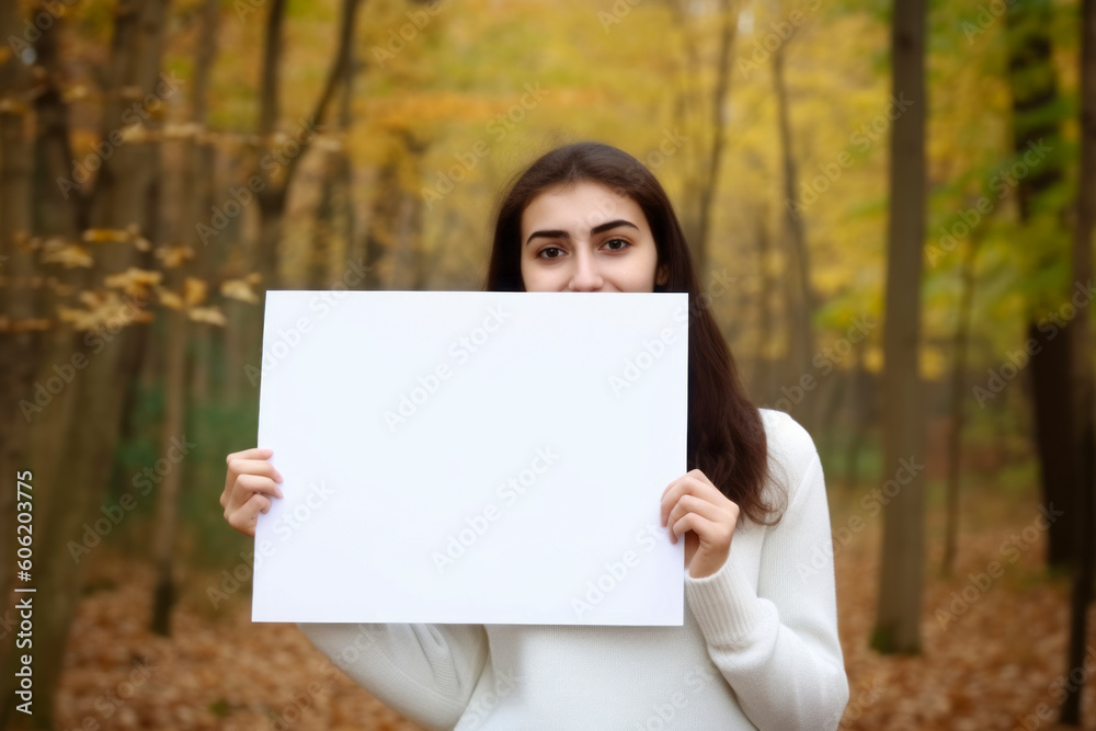 Beautiful young woman holding a white sheet of paper in the autumn park Beautiful young woman holding a white sheet of paper in the autumn park