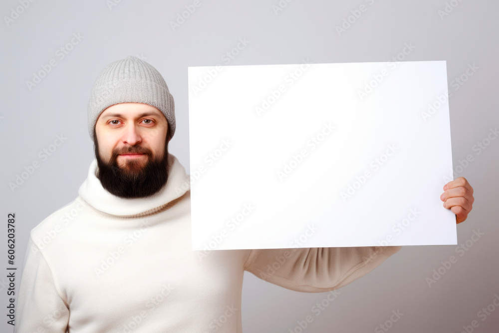 Portrait of a bearded man in a white sweater and hat holding a white sheet of paper Portrait of a bearded man in a white sweater and hat holding a white sheet of paper