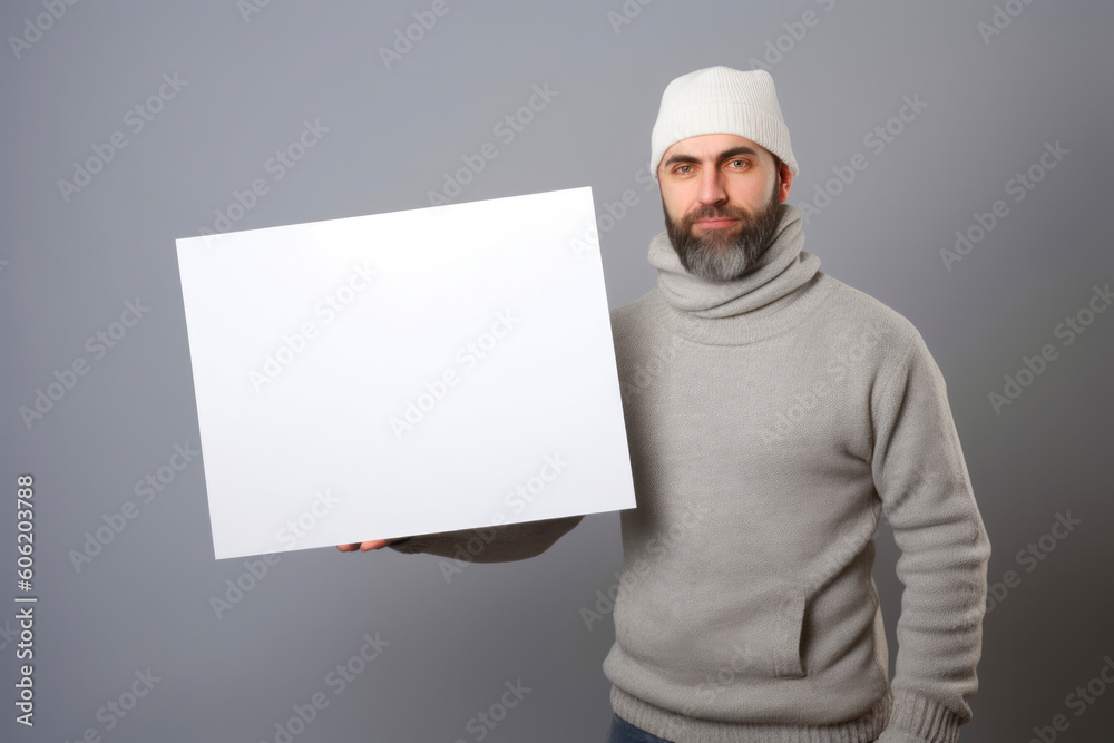 Handsome bearded man wearing gray sweater and white hat holding white placard Handsome bearded man wearing gray sweater and white hat holding white placard