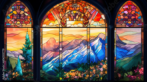 a beautiful stained glass window of a mountain castle. Vibrant colors. Modern design. AI generated image.