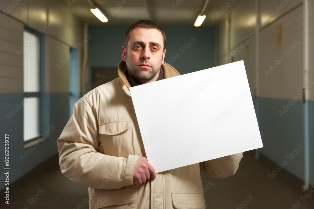 Young man in a beige jacket holding a white sheet of paper Young man in a beige jacket holding a white sheet of paper