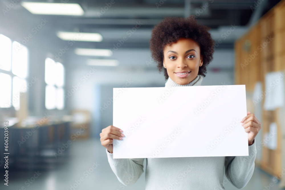 Portrait of a young african american businesswoman holding a blank sheet of paper Portrait of a young african american businesswoman holding a blank sheet of paper