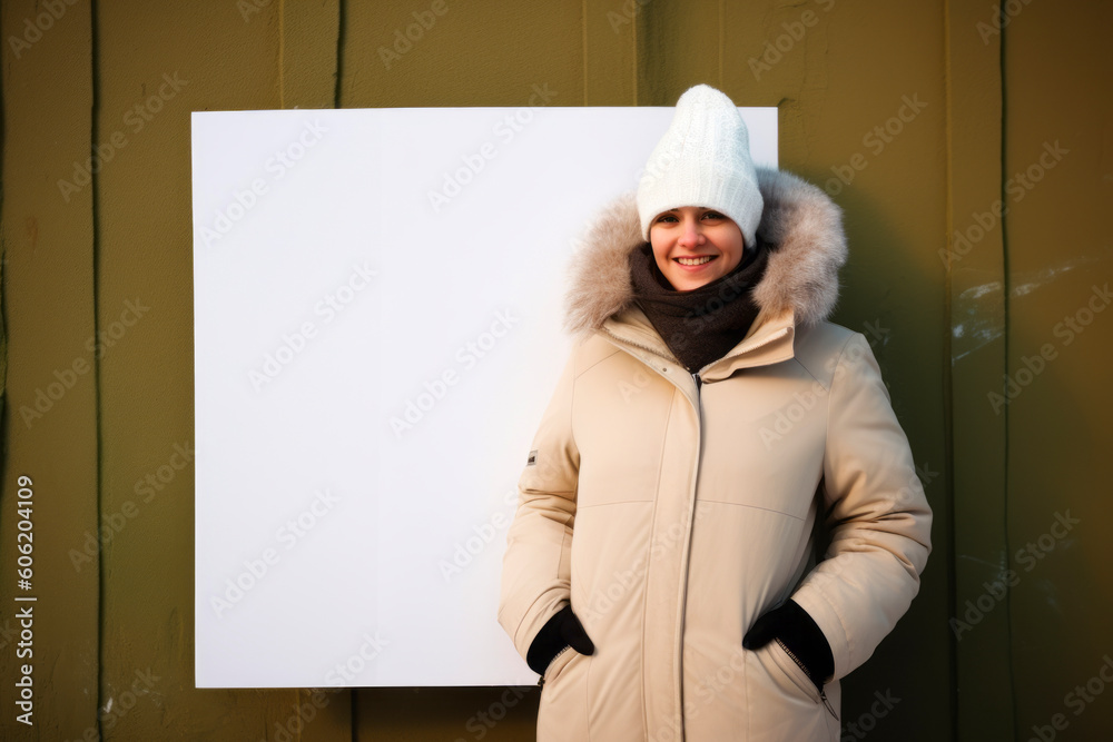 Smiling young woman in winter clothes holding a white sheet of paper