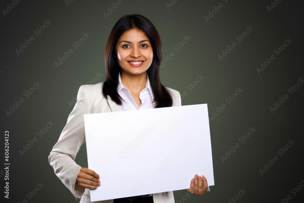 Young businesswoman showing blank signboard against a dark background - copyspace Young businesswoman showing blank signboard against a dark background - copyspace