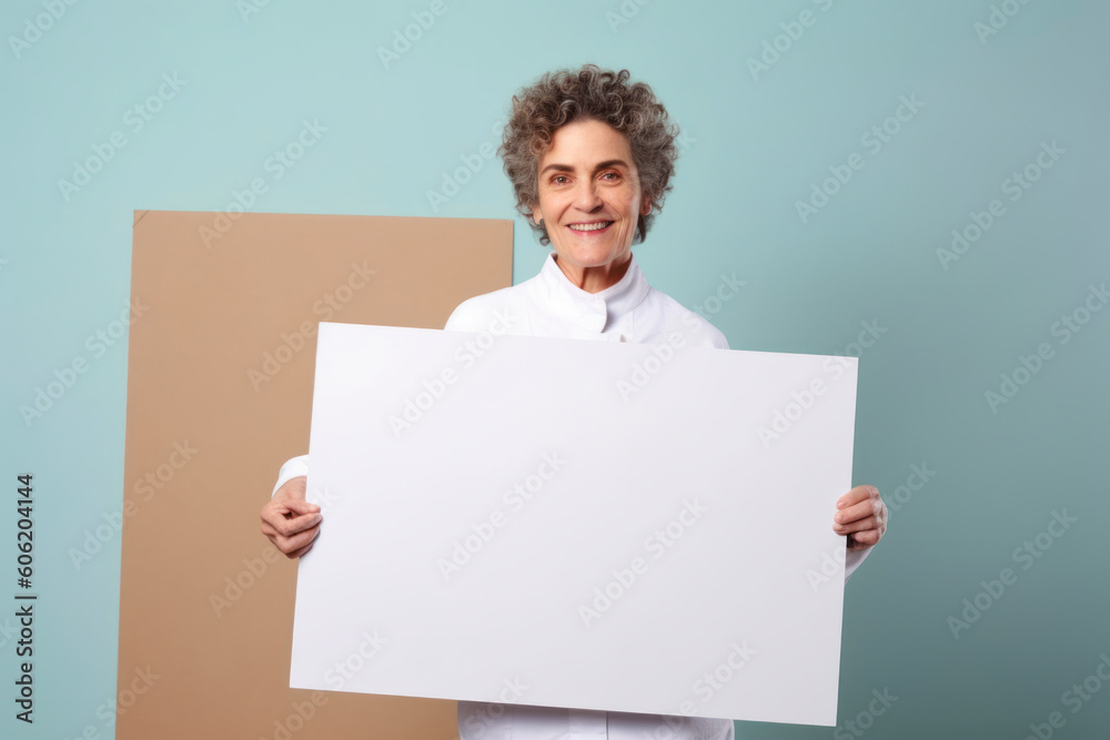 Portrait of senior woman holding blank sheet of paper on blue background Portrait of senior woman holding blank sheet of paper on blue background