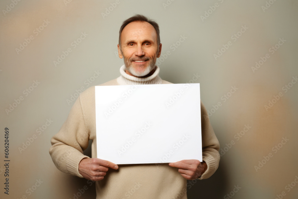 Handsome middle-aged man in sweater holding white sheet of paper Handsome middle-aged man in sweater holding white sheet of paper
