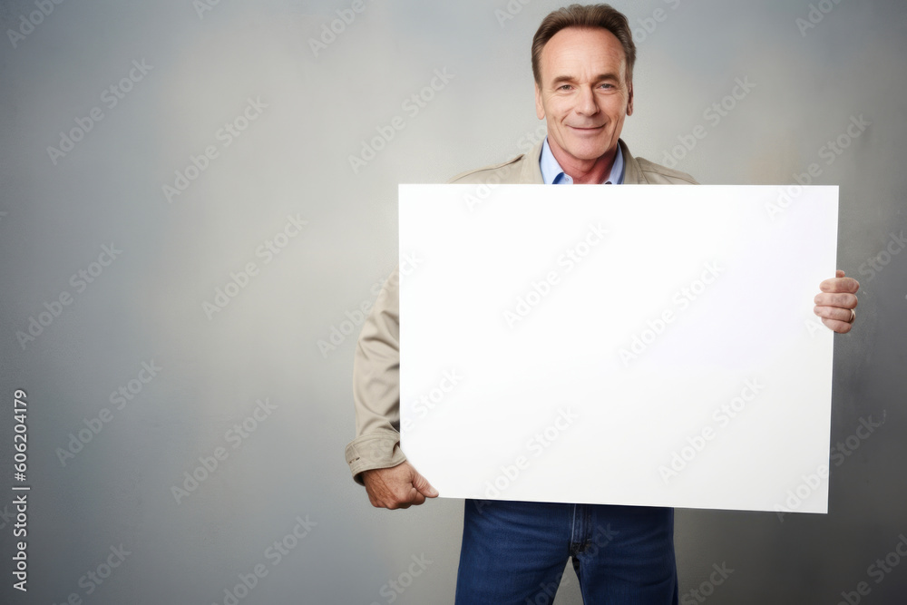Smiling mature man holding a white sheet of paper on grey background Smiling mature man holding a white sheet of paper on grey background
