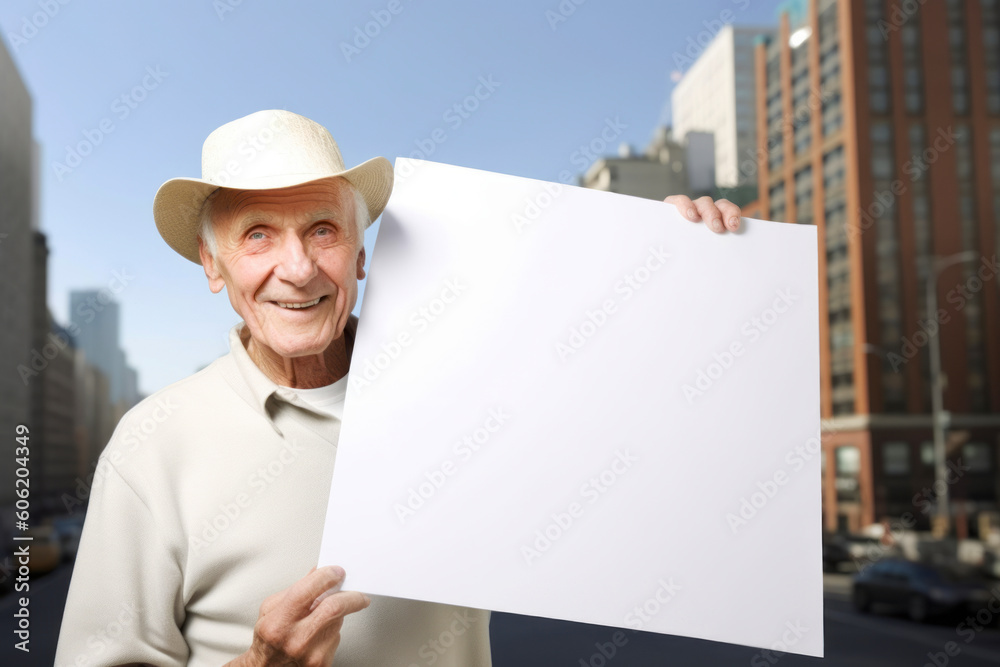 Portrait of happy senior man with blank sheet of paper in city Portrait of happy senior man with blank sheet of paper in city