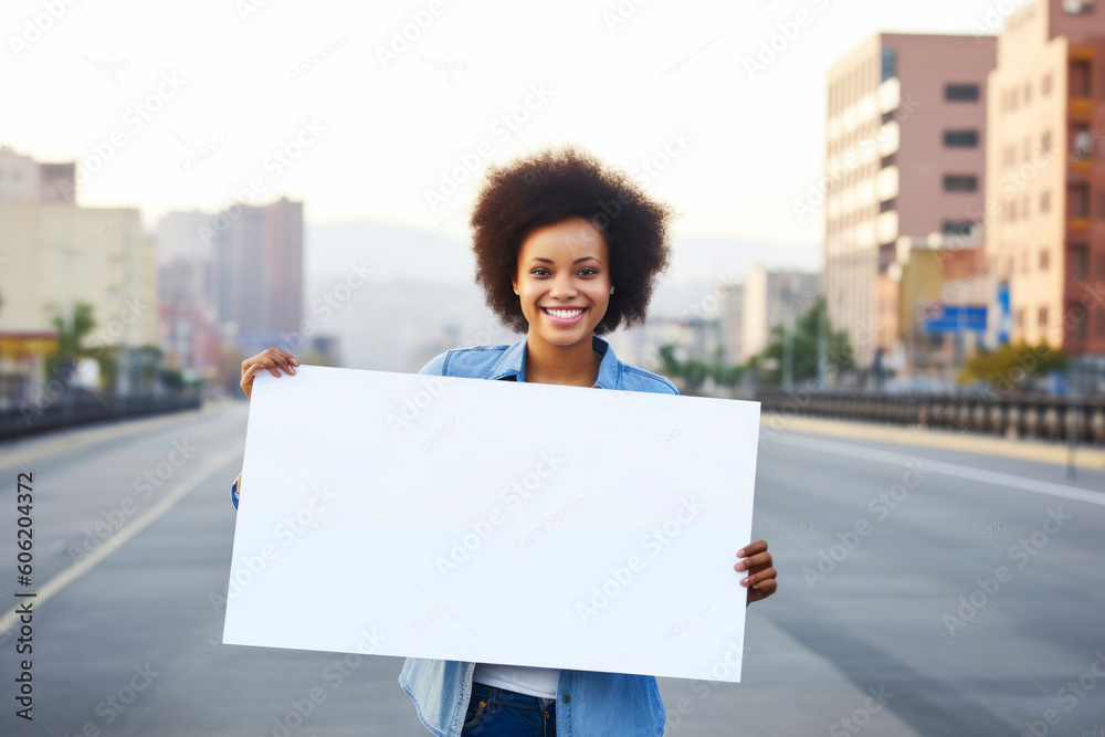 Young african american woman holding a blank billboard in the city Young african american woman holding a blank billboard in the city