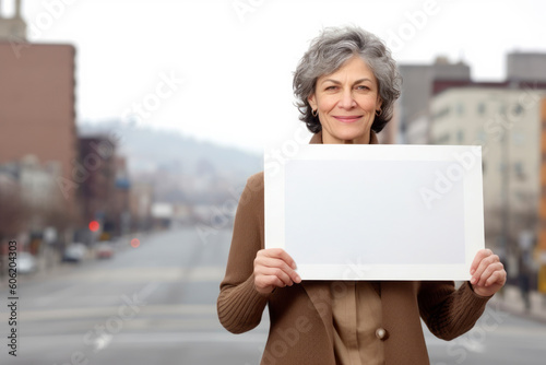 smiling senior woman holding blank signboard on city street with traffic
