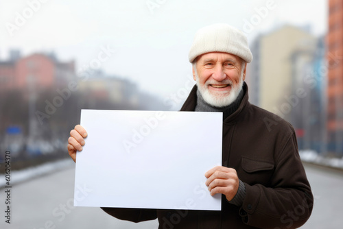 Portrait of an elderly man holding a blank sheet of paper outdoors