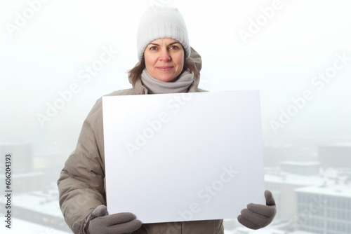 Portrait of a middle-aged woman in winter clothes holding a white sheet of paper