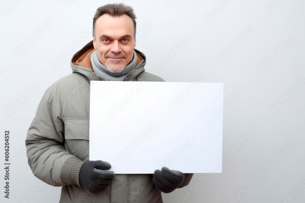 Handsome man in winter clothes holding a blank sheet of paper Handsome man in winter clothes holding a blank sheet of paper