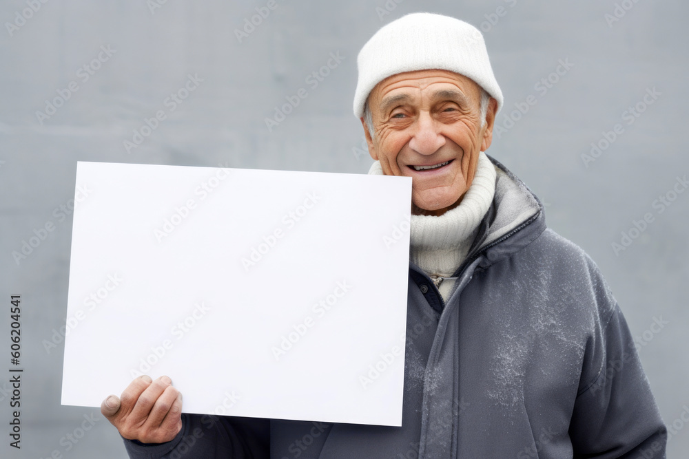 smiling senior man in winter clothes holding blank white sheet of paper smiling senior man in winter clothes holding blank white sheet of paper