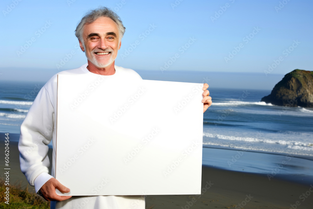 Senior man holding a blank sign at the beach with ocean in the background Senior man holding a blank sign at the beach with ocean in the background