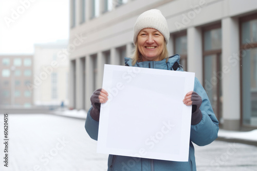 Smiling mature woman holding a blank sheet of paper in the city