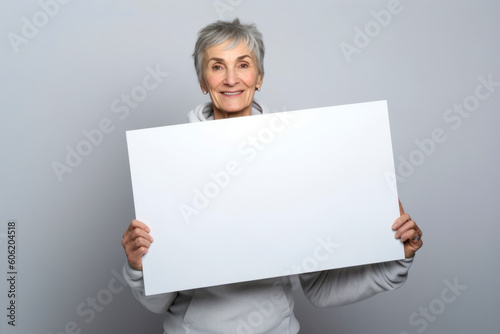Portrait of a senior woman holding white sheet of paper on grey background