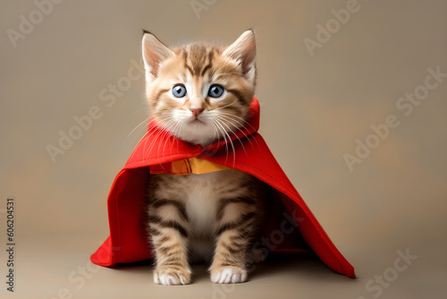 Cute tabby kitten wearing superhero cape portrait studio shot © sam
