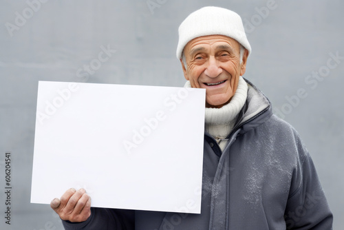 smiling senior man in winter clothes holding blank white sheet of paper