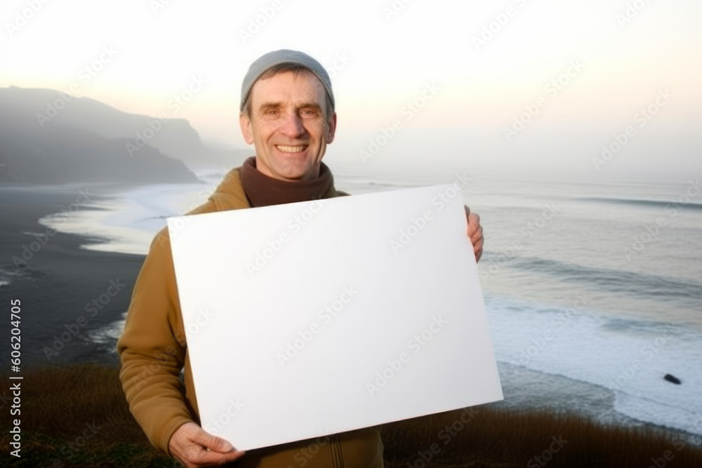 Handsome man holding a blank sheet of paper on the beach Handsome man holding a blank sheet of paper on the beach