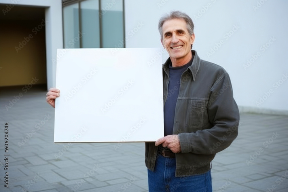 Portrait Of Mature Man Holding Blank Placard Outdoors Portrait Of Mature Man Holding Blank Placard Outdoors