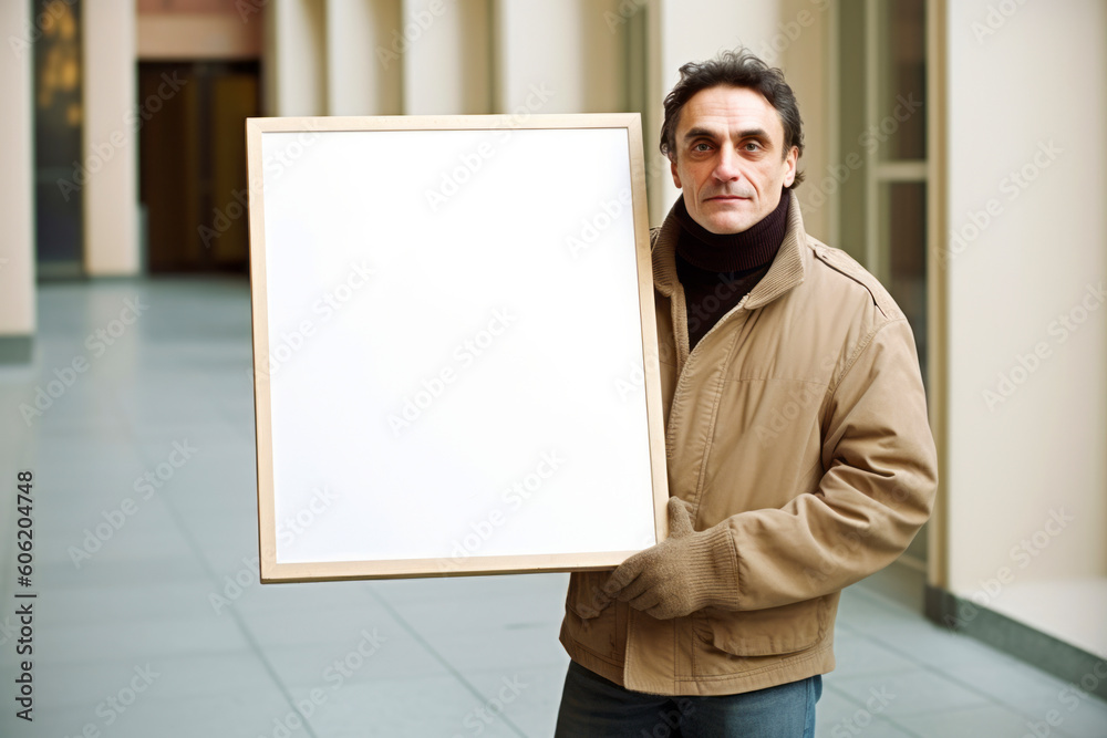 Portrait of mature man holding blank poster in the shopping center. Portrait of mature man holding blank poster in the shopping center.