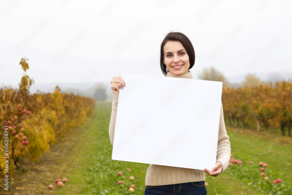 Portrait of a beautiful young woman holding a white sheet of paper in the field Portrait of a beautiful young woman holding a white sheet of paper in the field