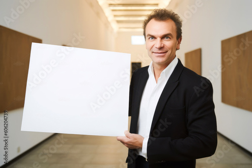 Portrait of a handsome man holding a blank sheet of paper in his hands