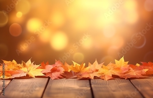 Autumn leaves on wooden table  beautiful falling leaves natural background  generative ai