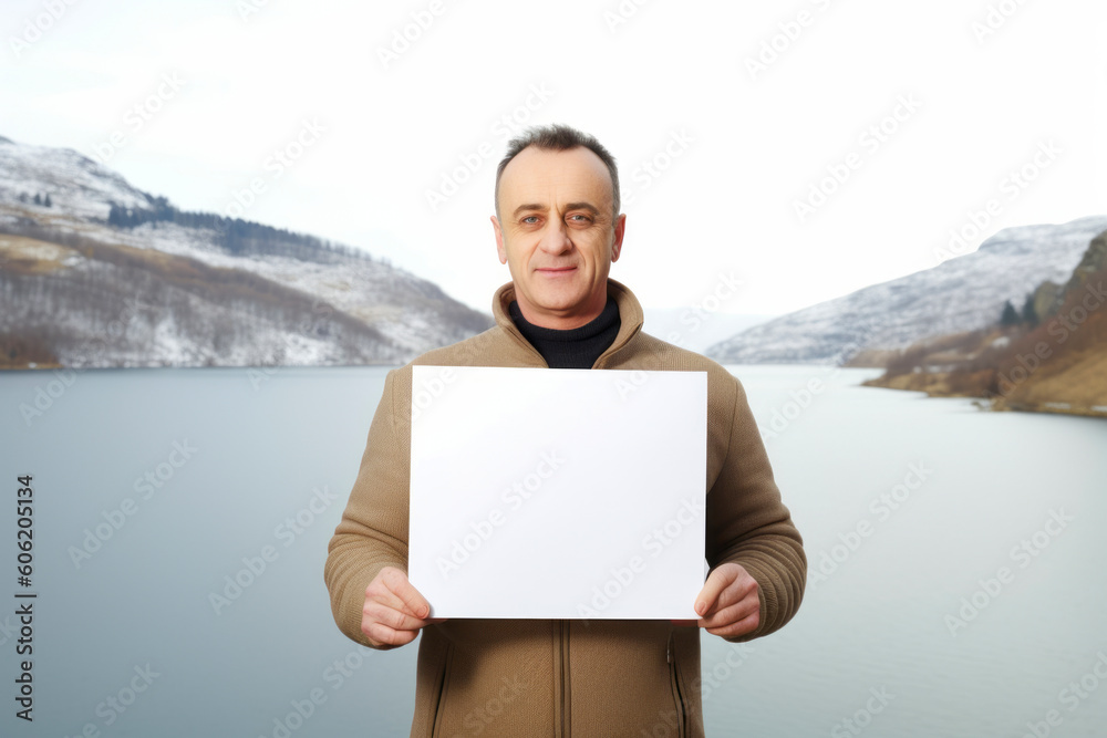 man holding a blank sheet of paper in front of a frozen lake man holding a blank sheet of paper in front of a frozen lake